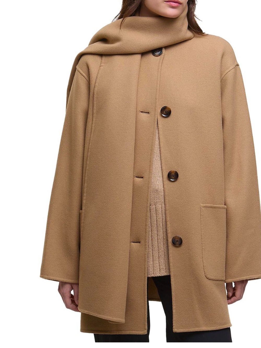 Womens Camel Wool Blend Button Front Coat with Scarf NWT